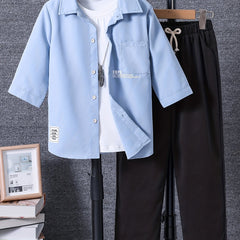 Boy's 2pcs Shirt & Pants Set Letter Print Patched Short Sleeve Top