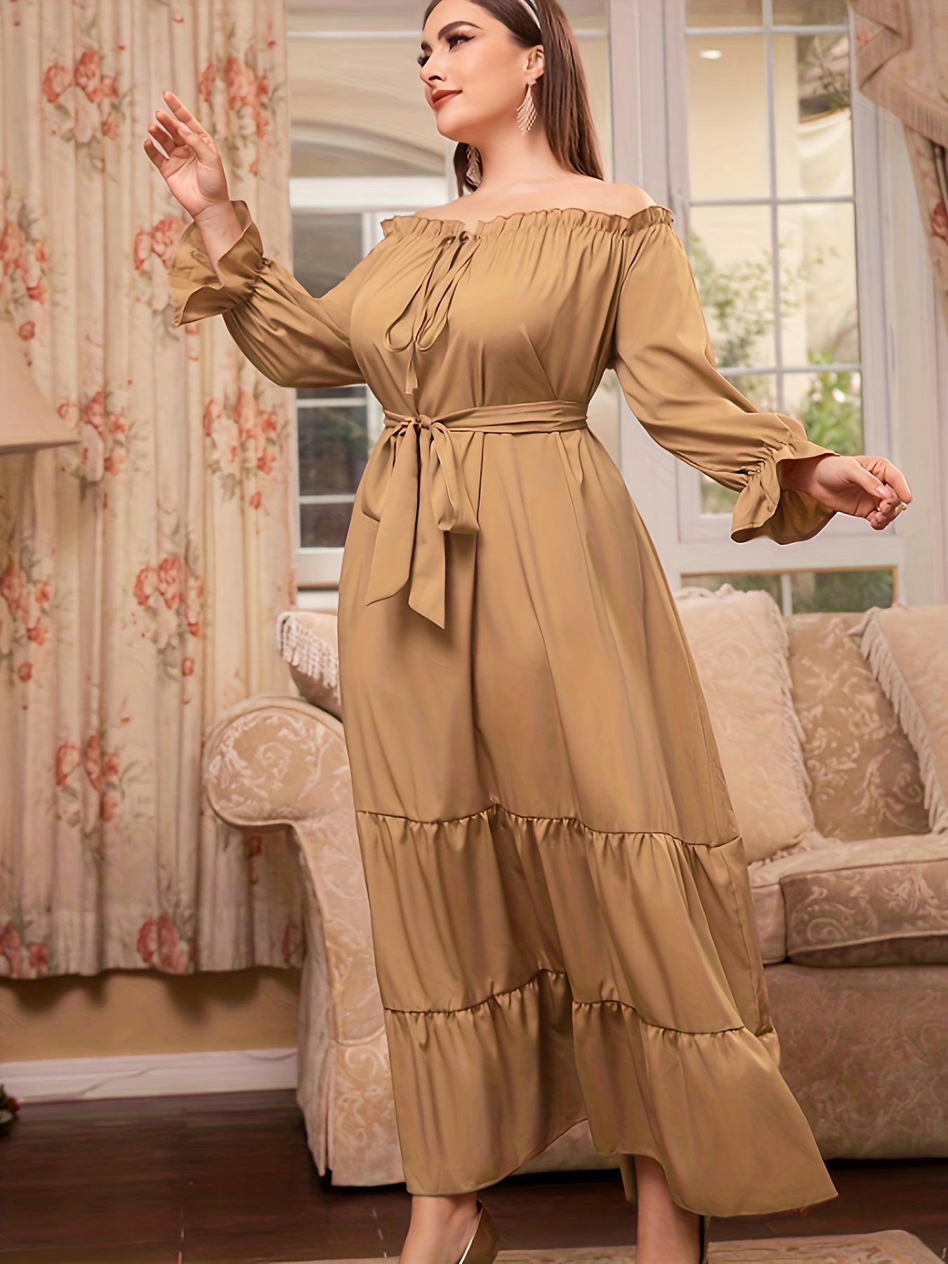  Solid Off Shoulder Maxi Dress With Belt