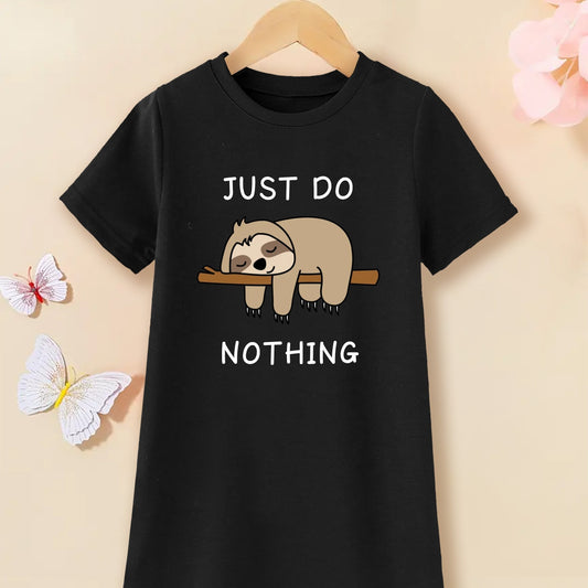 Cartoon Sloth & Letter Graphic T-shirt Dress for Girls