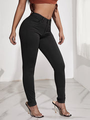  Solid Button Fly Skinny Jeans