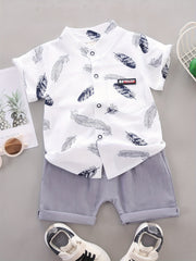 2pcs Baby Boys Feather Print Shirt & Shorts Set Cotton Casual Clothes