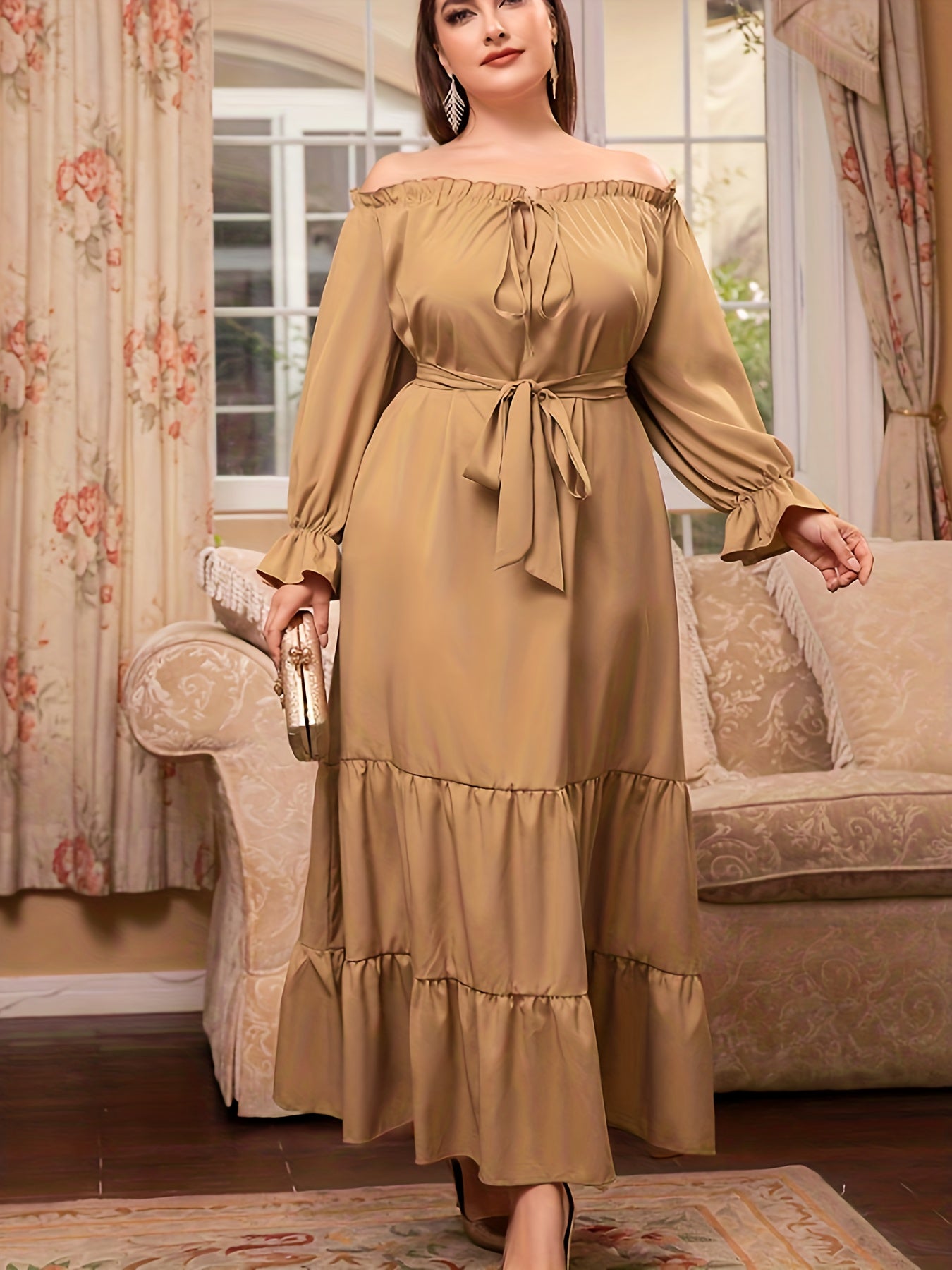  Solid Off Shoulder Maxi Dress With Belt