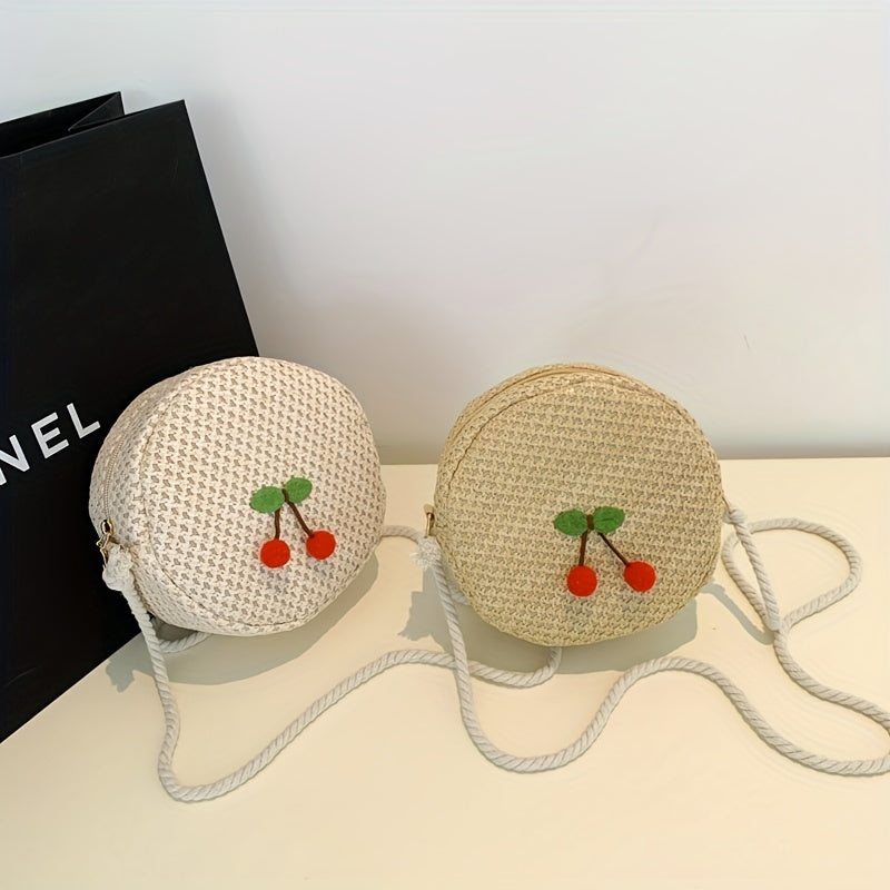 Straw Cherry Mini Shoulder Bag Zipper Round Crossbody Bag