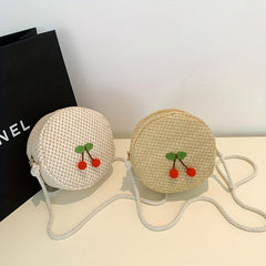 Straw Cherry Mini Shoulder Bag Zipper Round Crossbody Bag