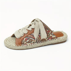 Women's Retro Flower Flat Sandals Lace-Up Espadrilles Comfortable Summer Shoes