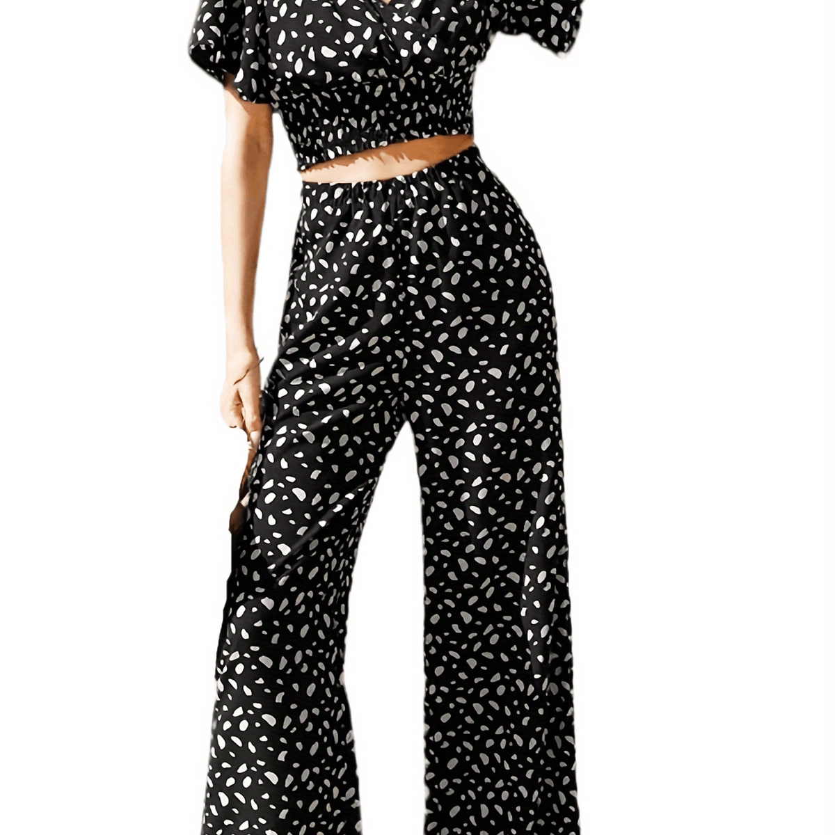 Crop Top & Wide Leg Pants Set Short Sleeve Outfit Women's Clothing