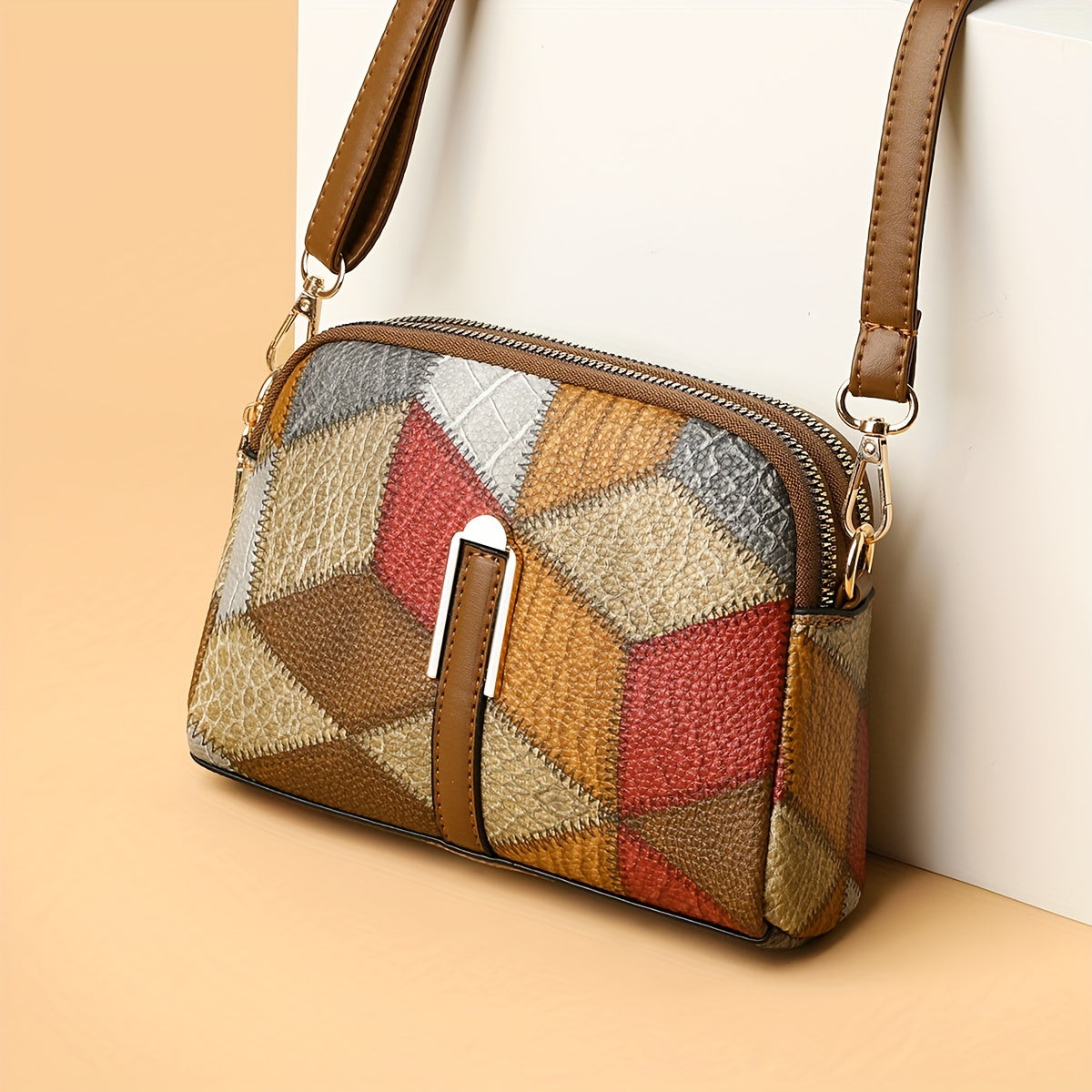 Colorblock Crossbody Bag with Rhombus Print Shoulder Purse