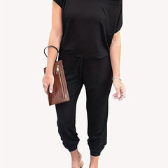 Casual Crew Neck Jumpsuit Drawstring Short Sleeve Solid