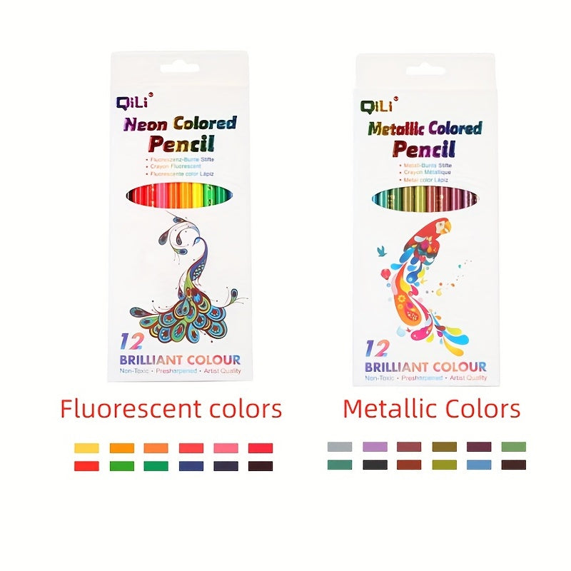 12 Colors High Quality Water Soluble Metal Fluorescent Drawing Pencils