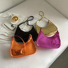 Crocodile Embossed Baguette Shoulder Bag Zipper Armpit Bag