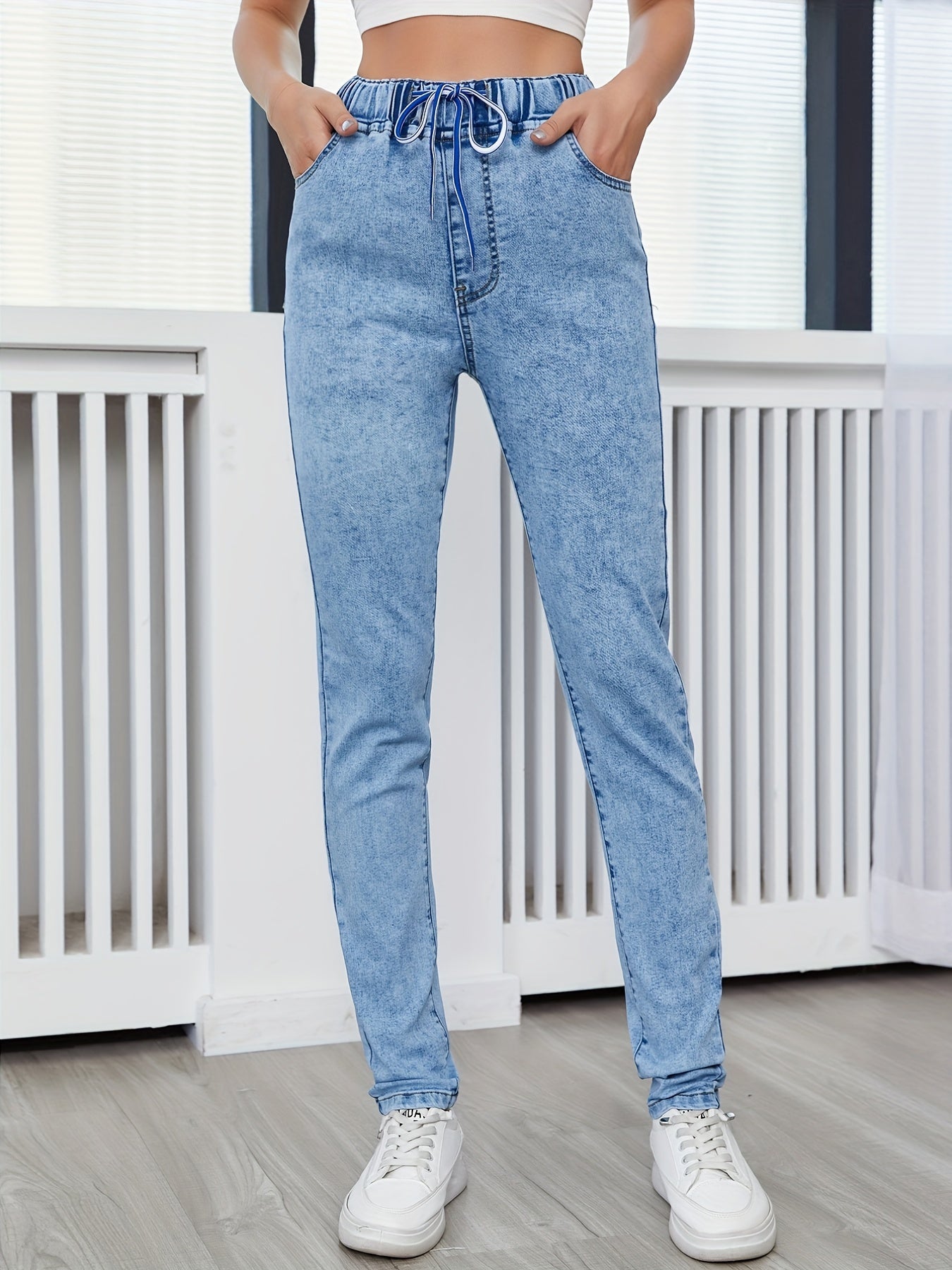 Women's Stretch Drawstring Waistband Slim Fit Denim Pants