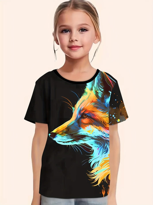Tie Dye Fox Graphic Short Sleeve T shirt Girls Summer Tops
