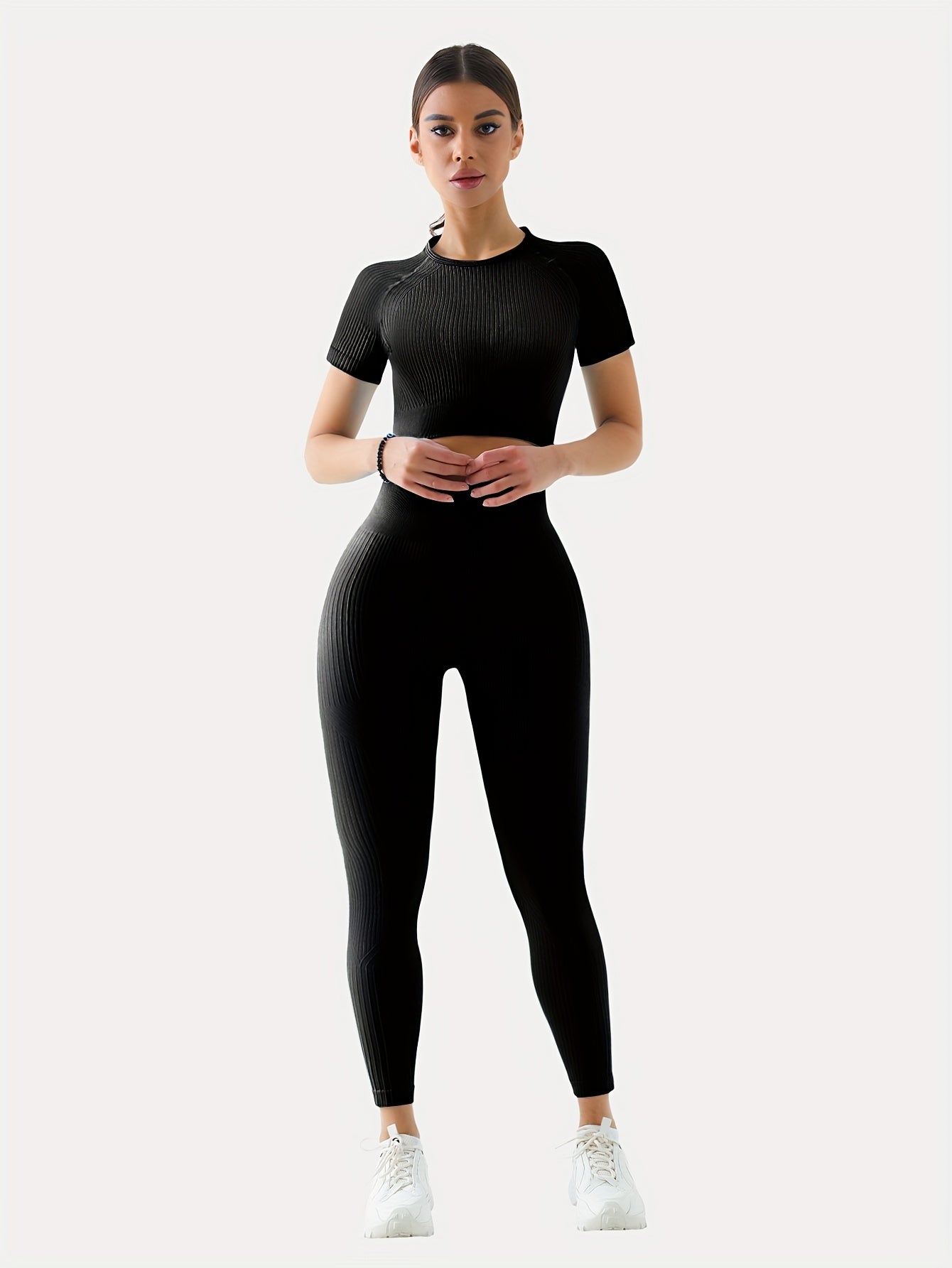Solid Workout Set Crop Top and High Waisted Leggings Women's Activewear