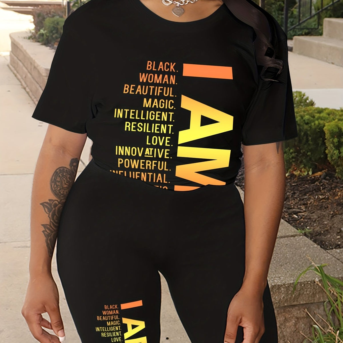  2pcs Set Women's Slogan Tee & Biker Shorts Outfits