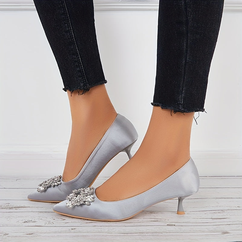 Women's Satin Kitten Heels Rhinestone Slip On Low Heels