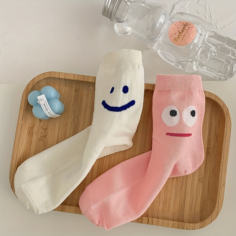 2 Pairs Cartoon Print Socks Comfy & Breathable Mid Tube Socks Women's Stockings