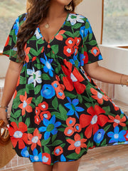  Floral Print Ruffle Sleeve V Neck Mini Dress