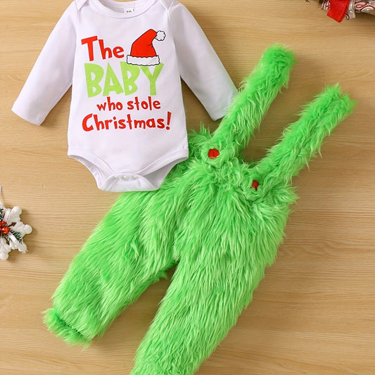 Baby Christmas Outfit Funny Graphic Romper Green Fuzzy Suspender Pants Set