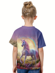 3D Forest Unicorn Graphic Short Sleeve T-shirt for Girls