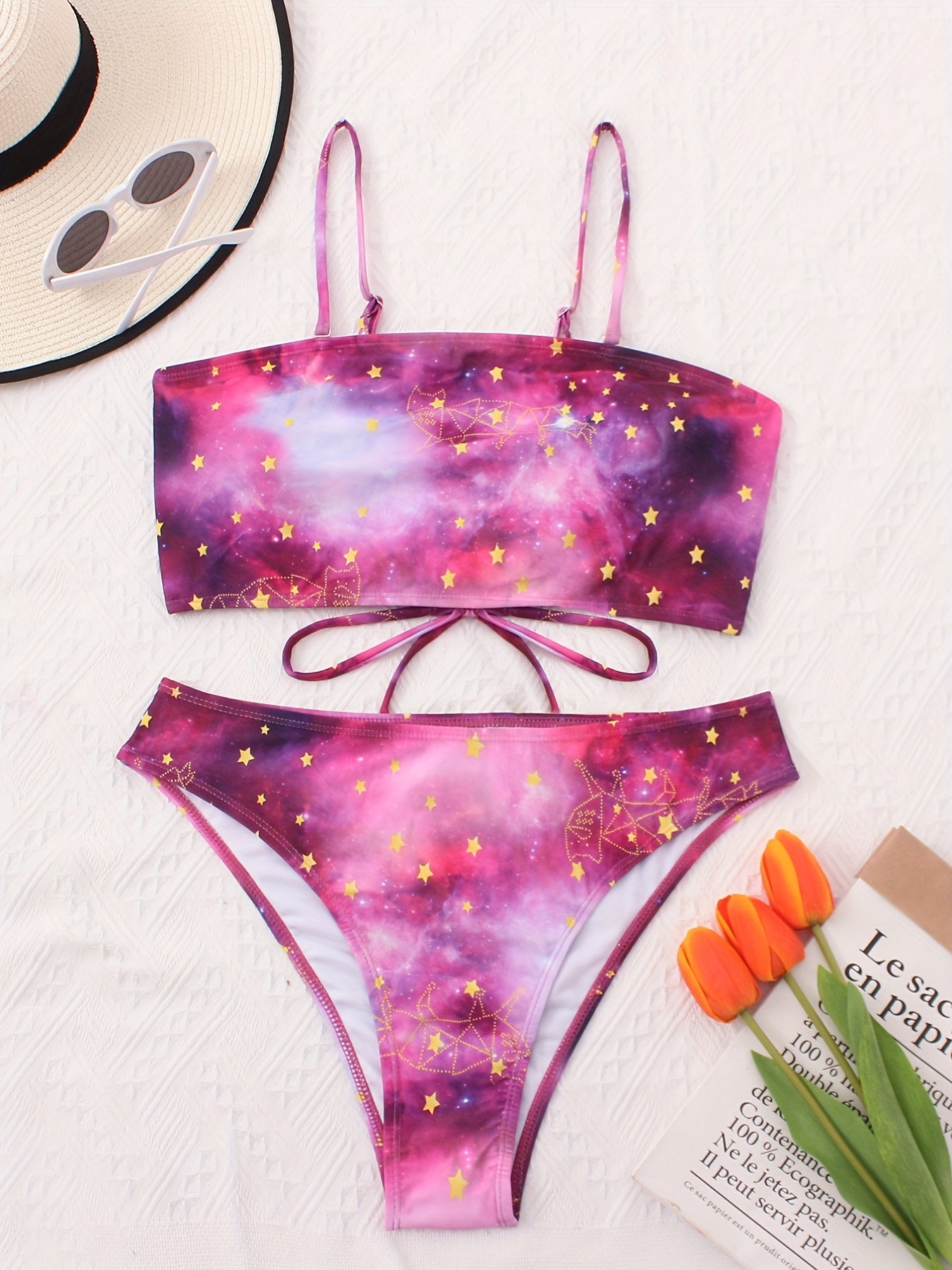  Galaxy Print Criss Cross Back Bikini Set Women's Plus Sexy
