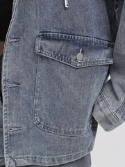  Casual Denim Top Solid Hooded Drawstring Jacket