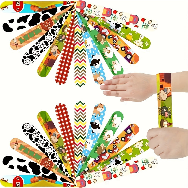 24pcs Farm Animal Slap Bracelets for Kids - Cow Pig Chicken Tractor Designs
