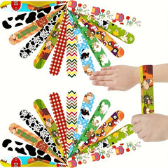 24pcs Farm Animal Slap Bracelets for Kids - Cow Pig Chicken Tractor Designs
