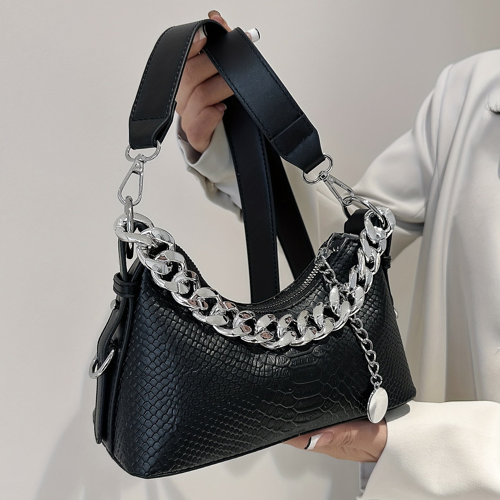 Y2K Chain Baguette Bag Crocodile Embossed Handbag Women's Small Crossbody Purse
