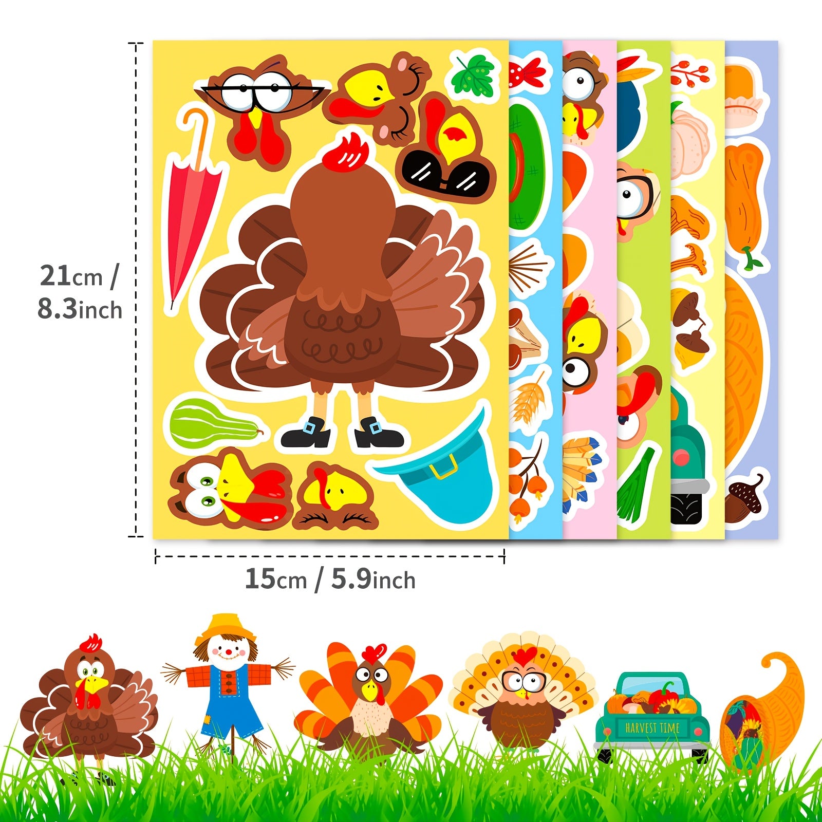 6 Turkey Thanksgiving Puzzle Face Matching DIY Stickers