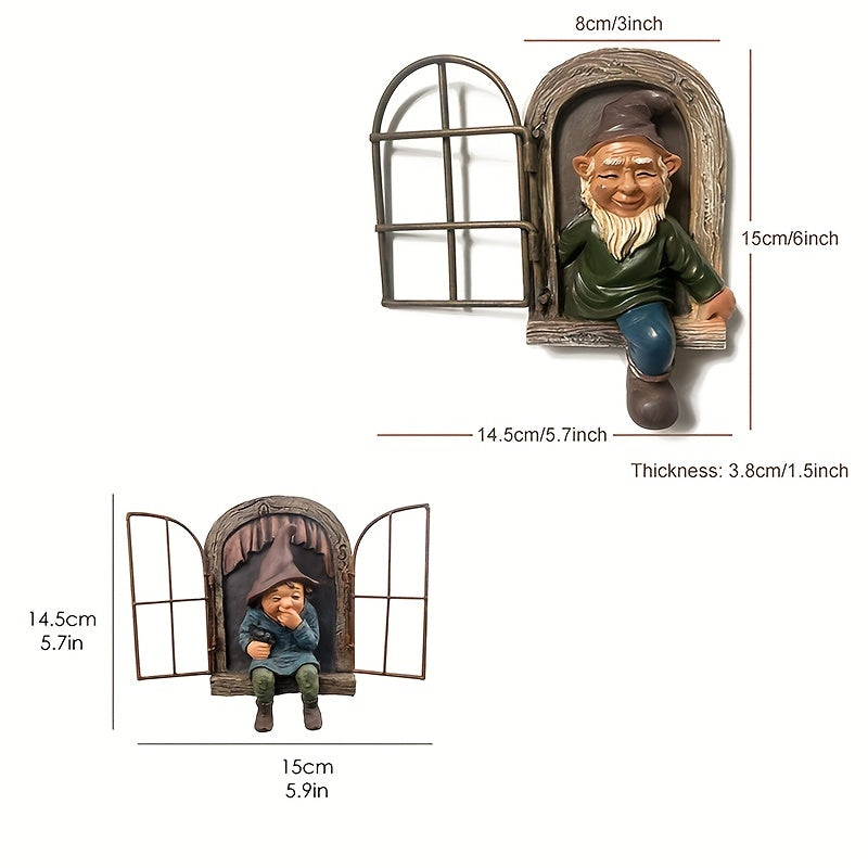 Garden Gnome Statue Elf Window Gnome Figurine Outdoor Patio Balcony Decor