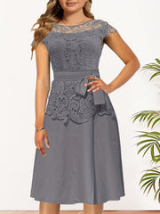 Lace Contrast Cap Sleeve A Line Dress With Belted