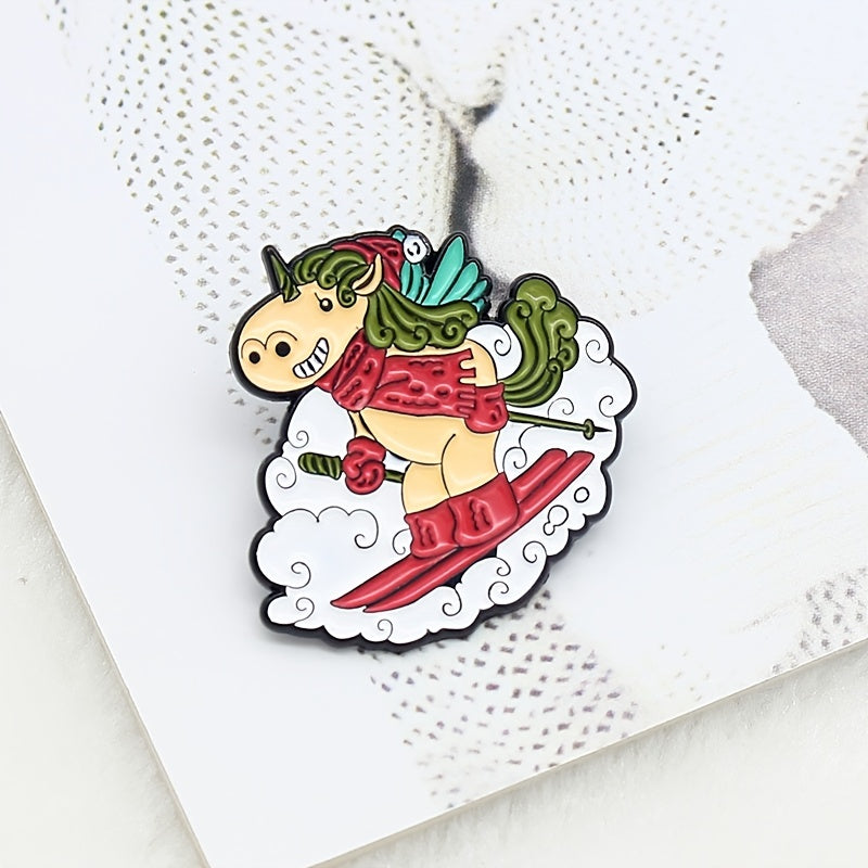 Winter Ski Sled Unicorn Red Scarf Horse Cartoon Brooch