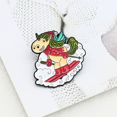 Winter Ski Sled Unicorn Red Scarf Horse Cartoon Brooch