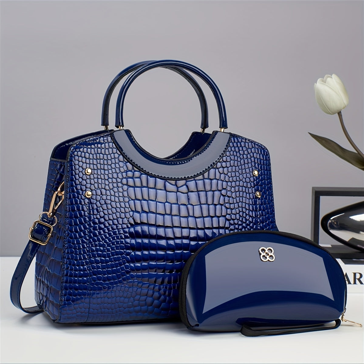 Stylish Crocodile Embossed Handbag & Clutch Set