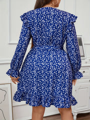  Ditsy Floral Print Long Sleeve V Neck Ruffle T