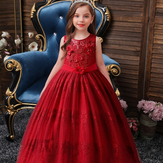 Girls Princess Dress Sleeveless Flower Embroidery Tulle Tutu Dress
