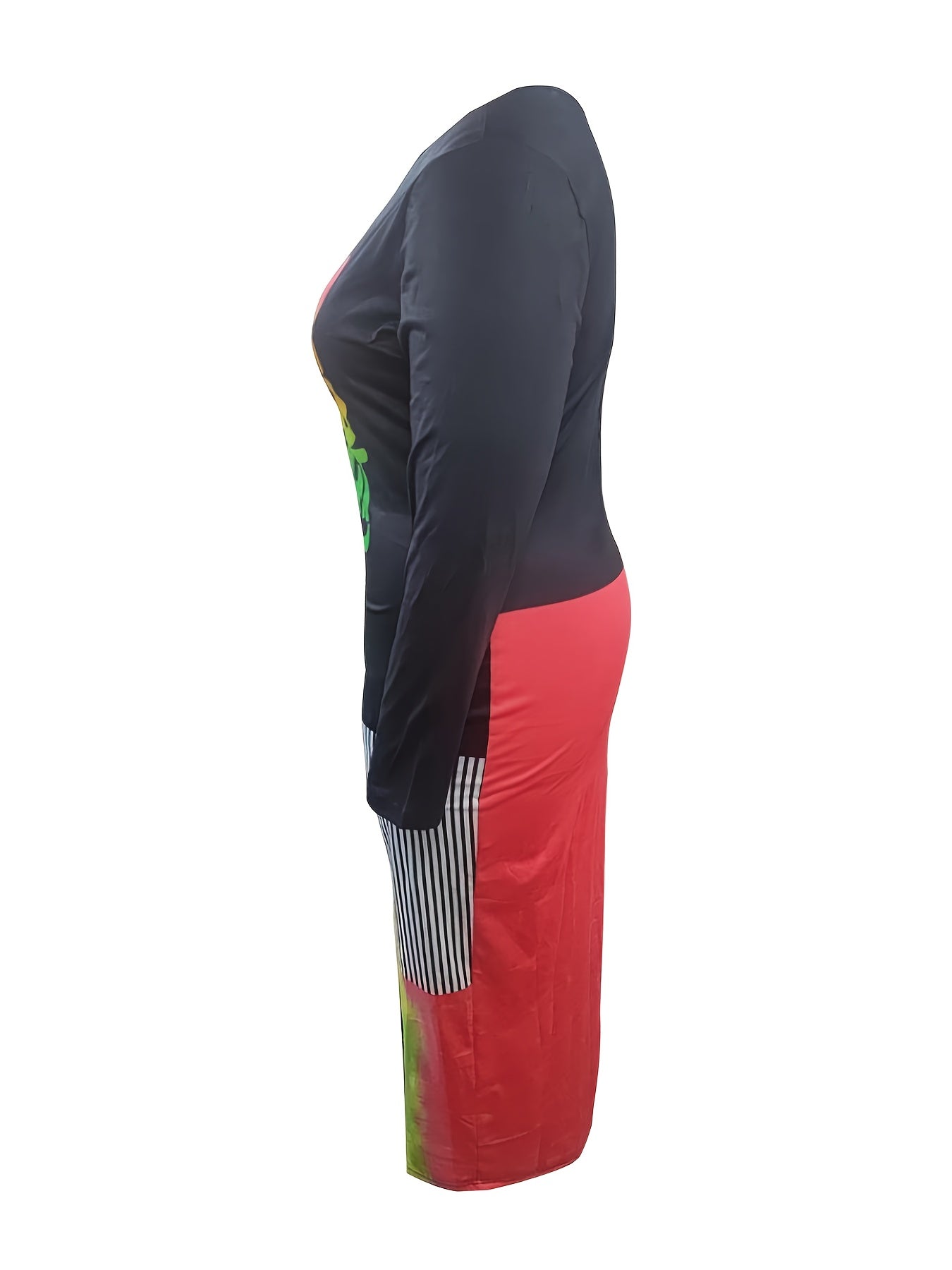  Colorblock Stripe & Letter Print Bodycon Midi Dress