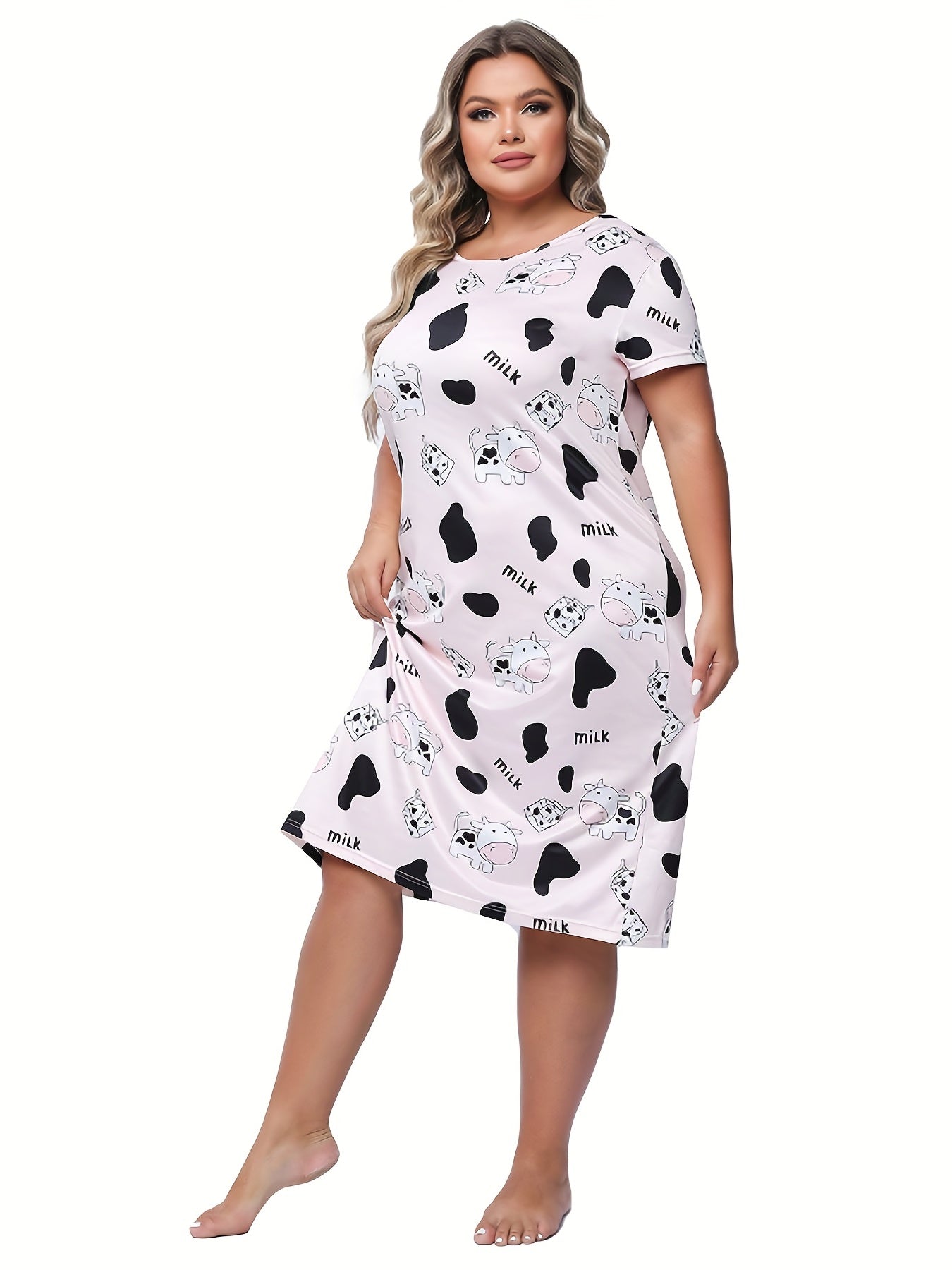 Women's Plus Cow Print Short Sleeve Round Neck High Stretch Sleep Dress