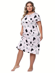 Women's Plus Cow Print Short Sleeve Round Neck High Stretch Sleep Dress