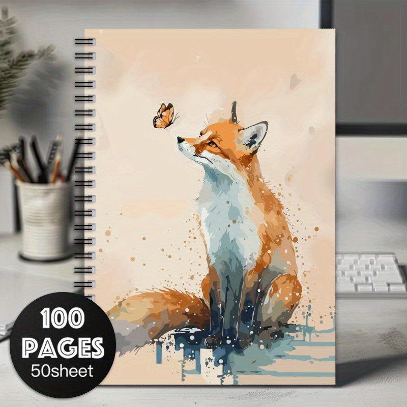 Watercolor Fox Spiral Notebook - Vibrant Fox & Butterfly - 100 Pages
