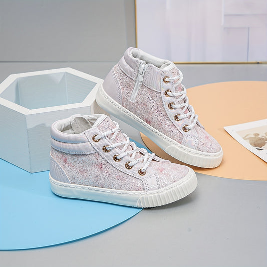 Girl's High Top Lace Up Sneakers Sparkling Shoes