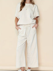  Solid Short Sleeve Round Neck Top & Wide Leg Pants Outfit Set