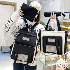4pc Plaid Pattern Backpack Set Lightweight Travel Schoolbag Tote Crossbody Penci