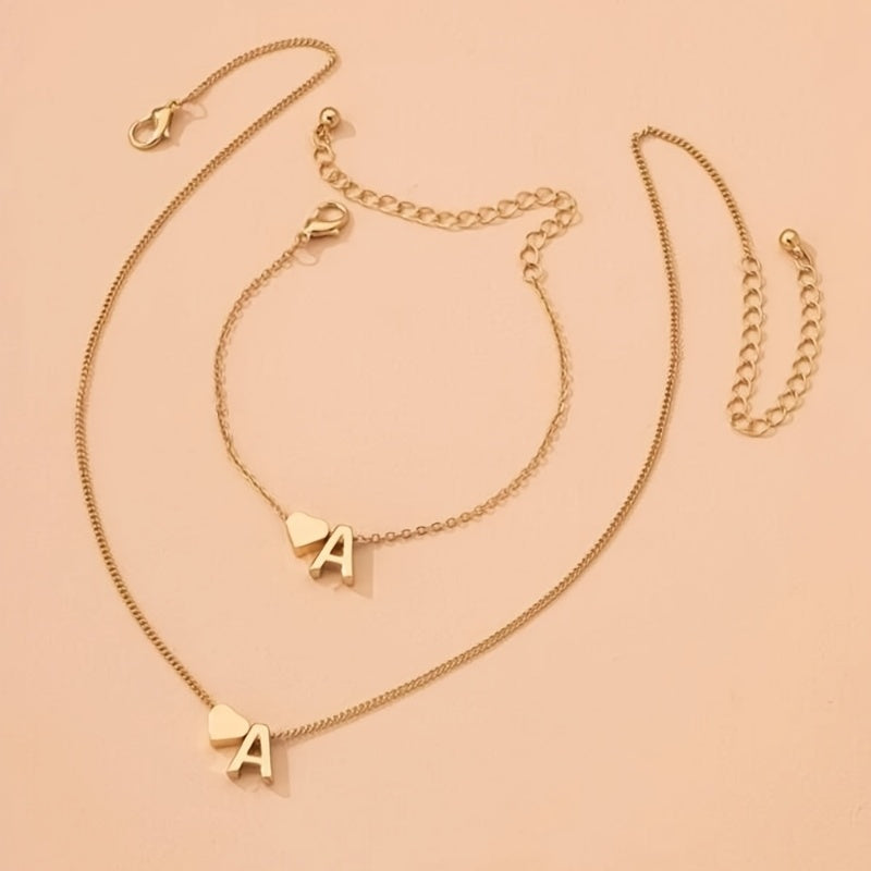 26 Letters Pendant Necklace & Chain Bracelet Set for Women & Girls