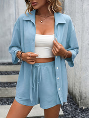 Casual Two piece Set Button Front Blouse & Drawstring Shorts