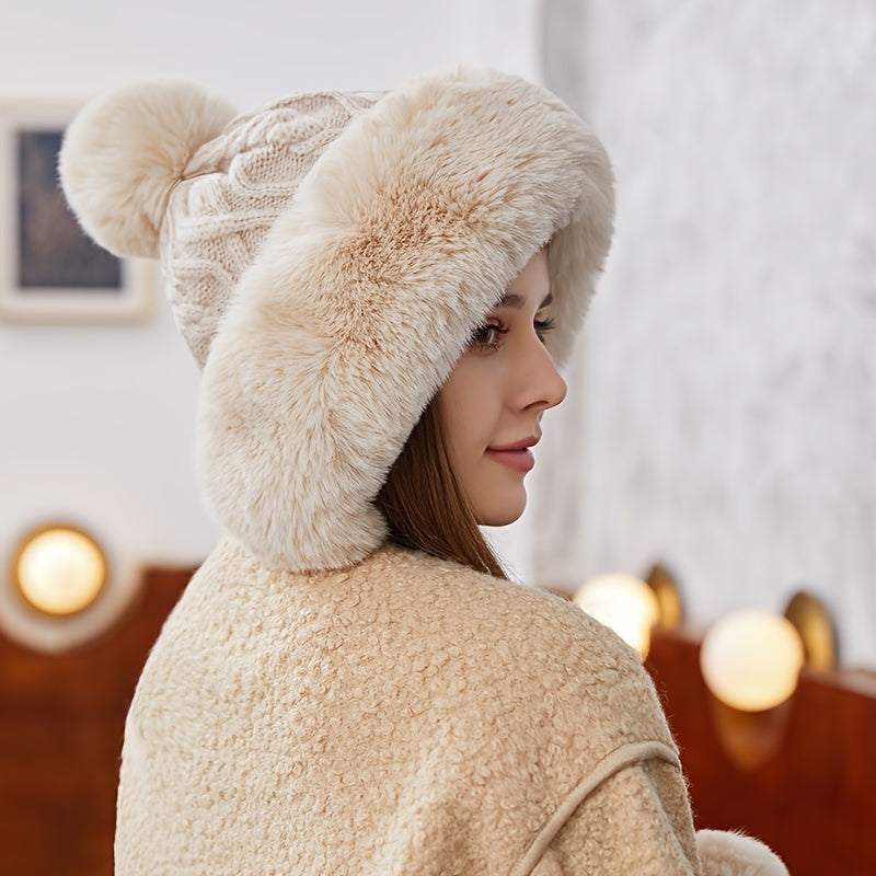 Fur Beanie Hat With Pom Pom Fuzzy Trapper Hat Ears Warm Knit Cap