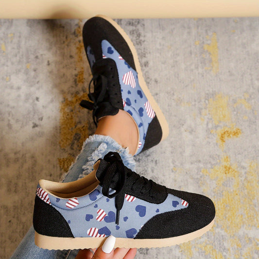 Heart Print Sneakers Lace Up Low Top Shoes Lightweight Outdoor Walking