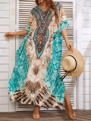  Tile Print Bat Sleeve V Neck Cover Up Dress