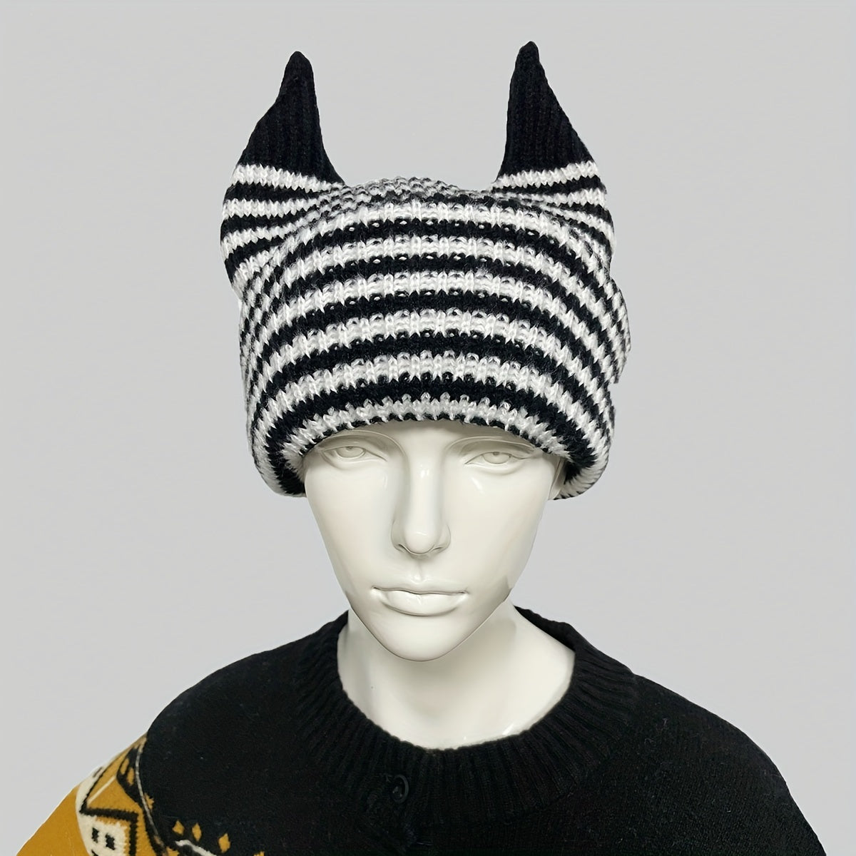 Unisex Halloween Striped Knit Hat With Horns For Warmth