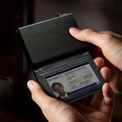 RFID Anti theft Card Holder Aluminum Alloy Automatically Pops Up Leather